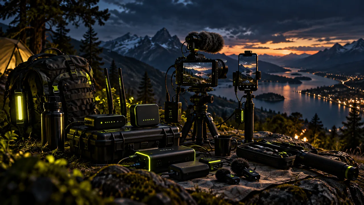KI-generiertes Outdoor-Motiv mit Kamera, Funktechnik und mobilen Akkus