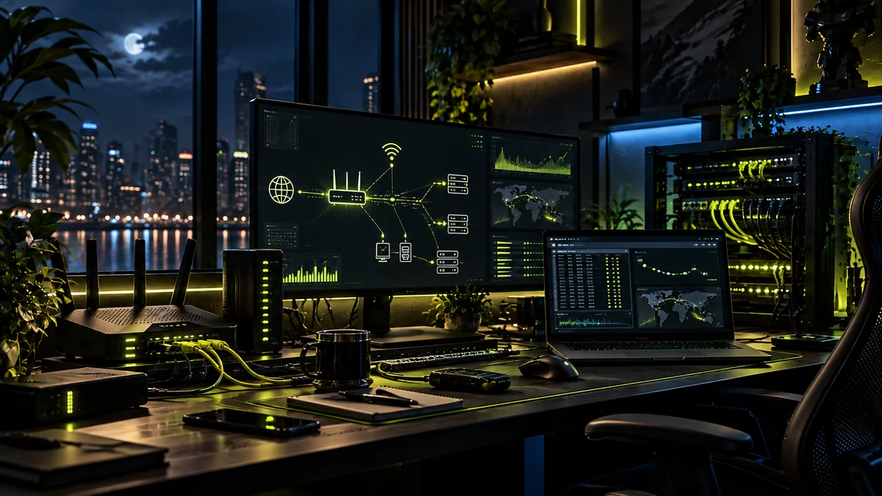 KI-Illustration einer Netzwerk-Diagnosezentrale mit Monitor und Router