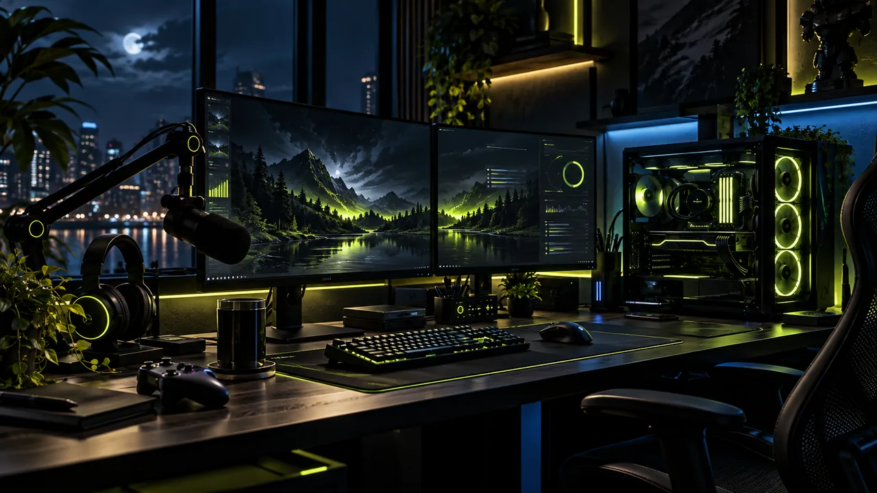 KI-generiertes Motiv: Gaming-Setup mit Monitoren und beleuchtetem PC